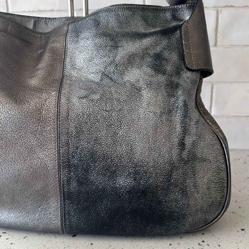 Burberry Warrior Metallic Pewter Leather Satchel Shoulder Handbag Hobo Ruched